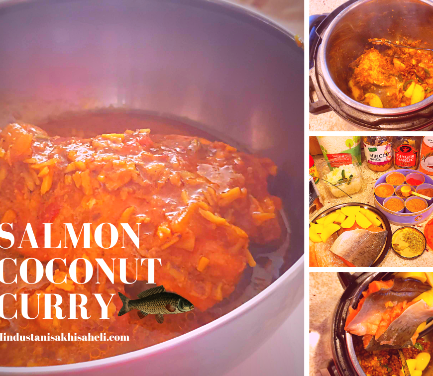 This fish curry is tremendously flavorful, just because of tamarind, coconut, garlic and ginger. Salmon, whose richness is delectable with the complex spices.